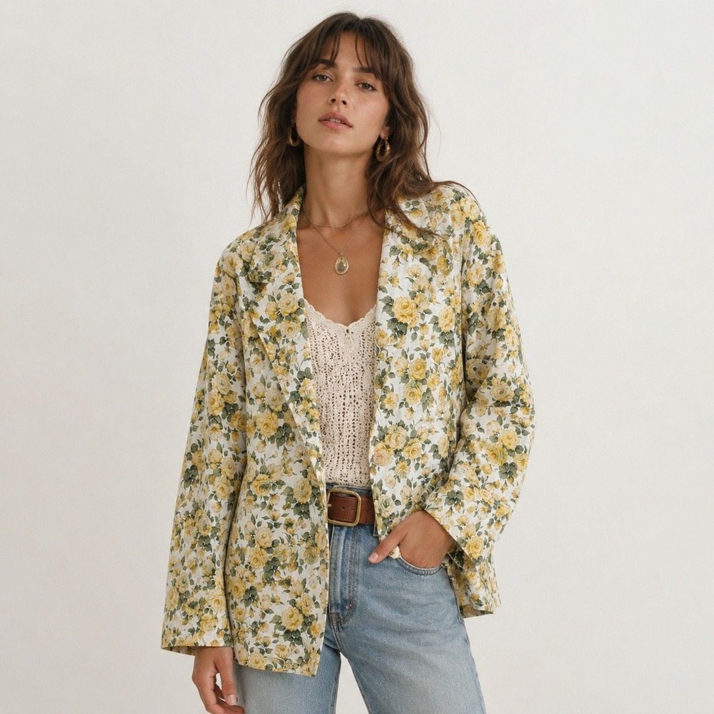 Onia Yellow Rose Cotton Blazer Womens M Oversized Coastal Cottage Retro Preppy